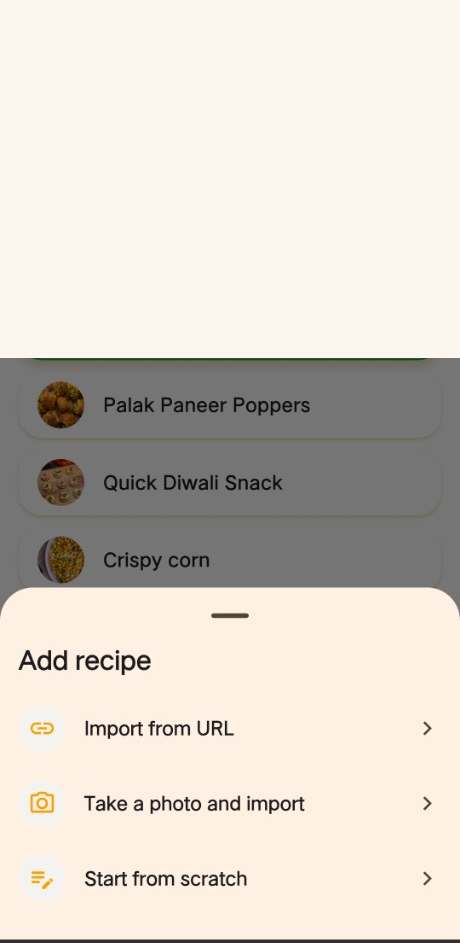Add recipe sheet offering import from URL, take a photo and import, or start from scratch