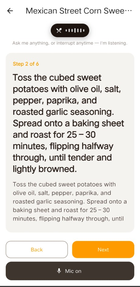 Hands-free cook mode reading step 2 of 6 with the microphone on