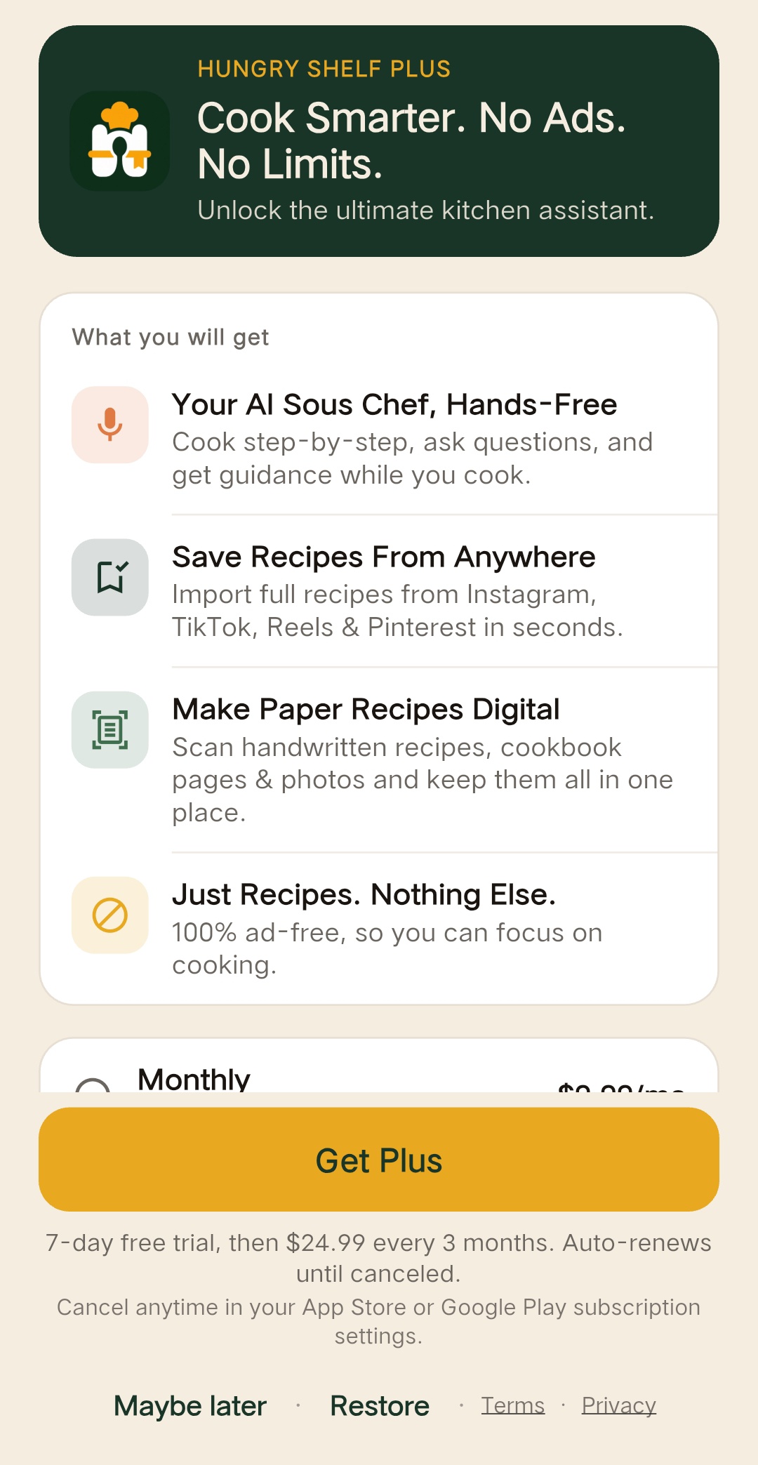 Hungry Shelf Plus paywall — cook smarter with the full kitchen unlocked