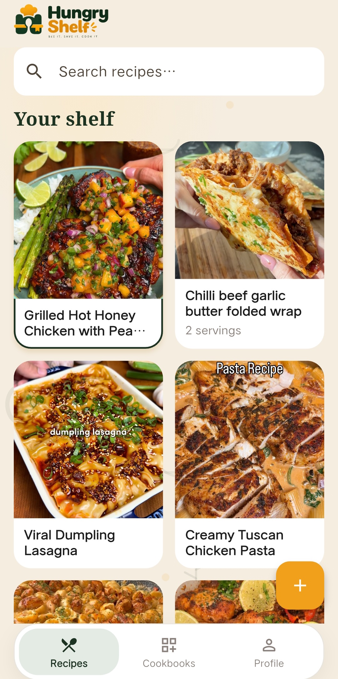The Hungry Shelf recipe shelf, full of saved dishes
